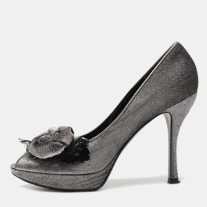 Louis Vuitton Metallic Grey/Black Lurex Fabric Floral Peep Toe Pumps Size 38