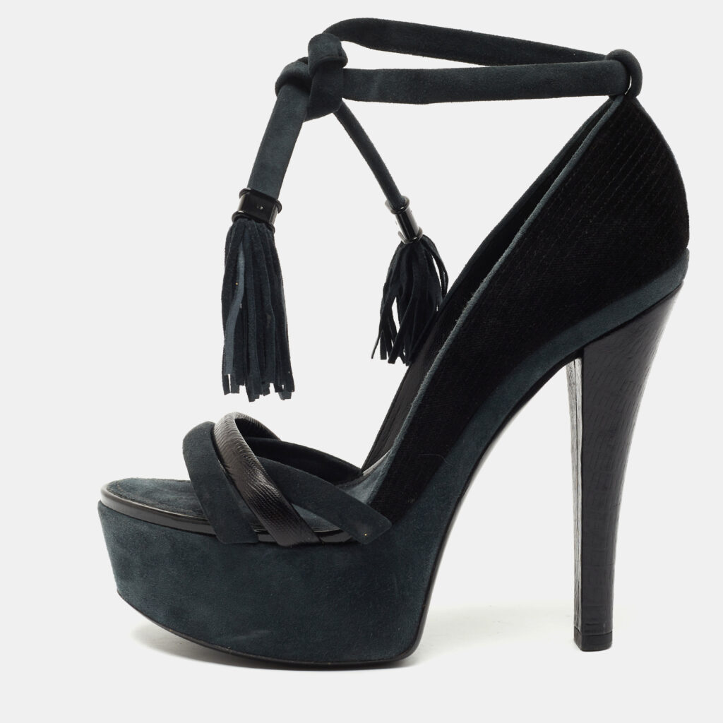 Louis Vuitton Black /Grey Leather and Suede Platform Sandals Size 38