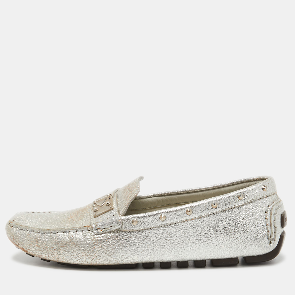 luxury-women-louis-vuitton-used-shoes-p768902-001 Louis Vuitton Silver Leather Lombok Slip On Loafers Size 40.5