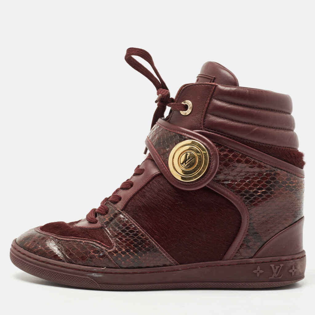 luxury-women-louis-vuitton-used-shoes-p792429-010 Louis Vuitton Burgundy Calf Hair and Python Leather High Top Sneakers Size 37.5