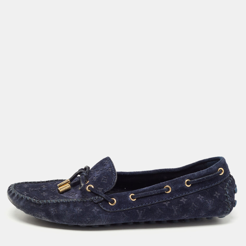 luxury-women-louis-vuitton-used-shoes-p797837-010 Louis Vuitton Navy Blue Monogram Embossed Suede Gloria Loafers Size 37.5