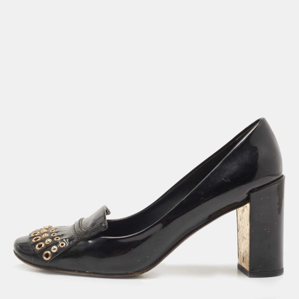 luxury-women-louis-vuitton-used-shoes-p810731-003 Louis Vuitton Black Patent Leather Studded Fringe Pumps Size 37.5