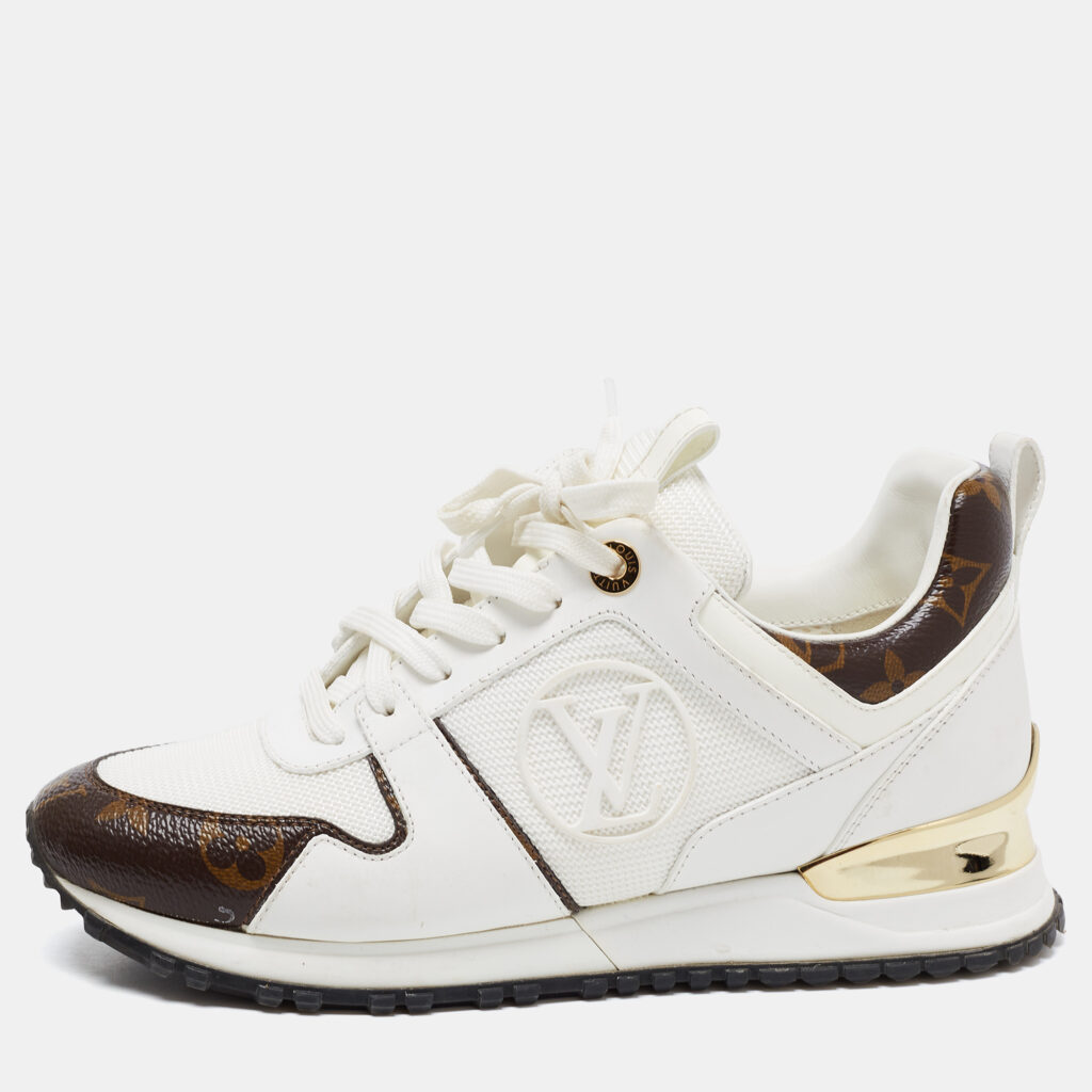 luxury-women-louis-vuitton-used-shoes-p816592-007 Louis Vuitton White Mesh, Leather and Monogram Canvas Run Away Sneakers Size 36