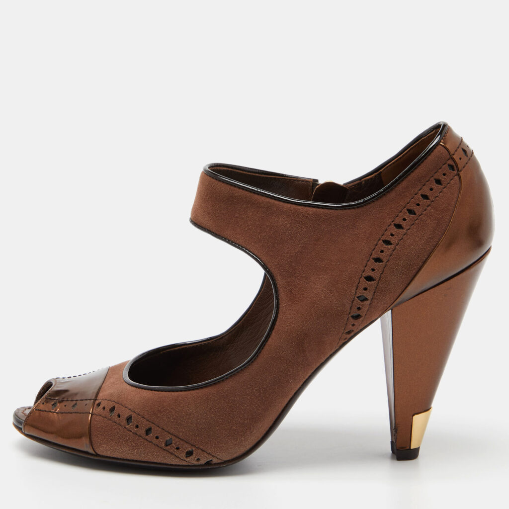 luxury-women-louis-vuitton-used-shoes-p853332-010 Louis Vuitton Brown Leather and Suede Peep Toe Sandals Size 39