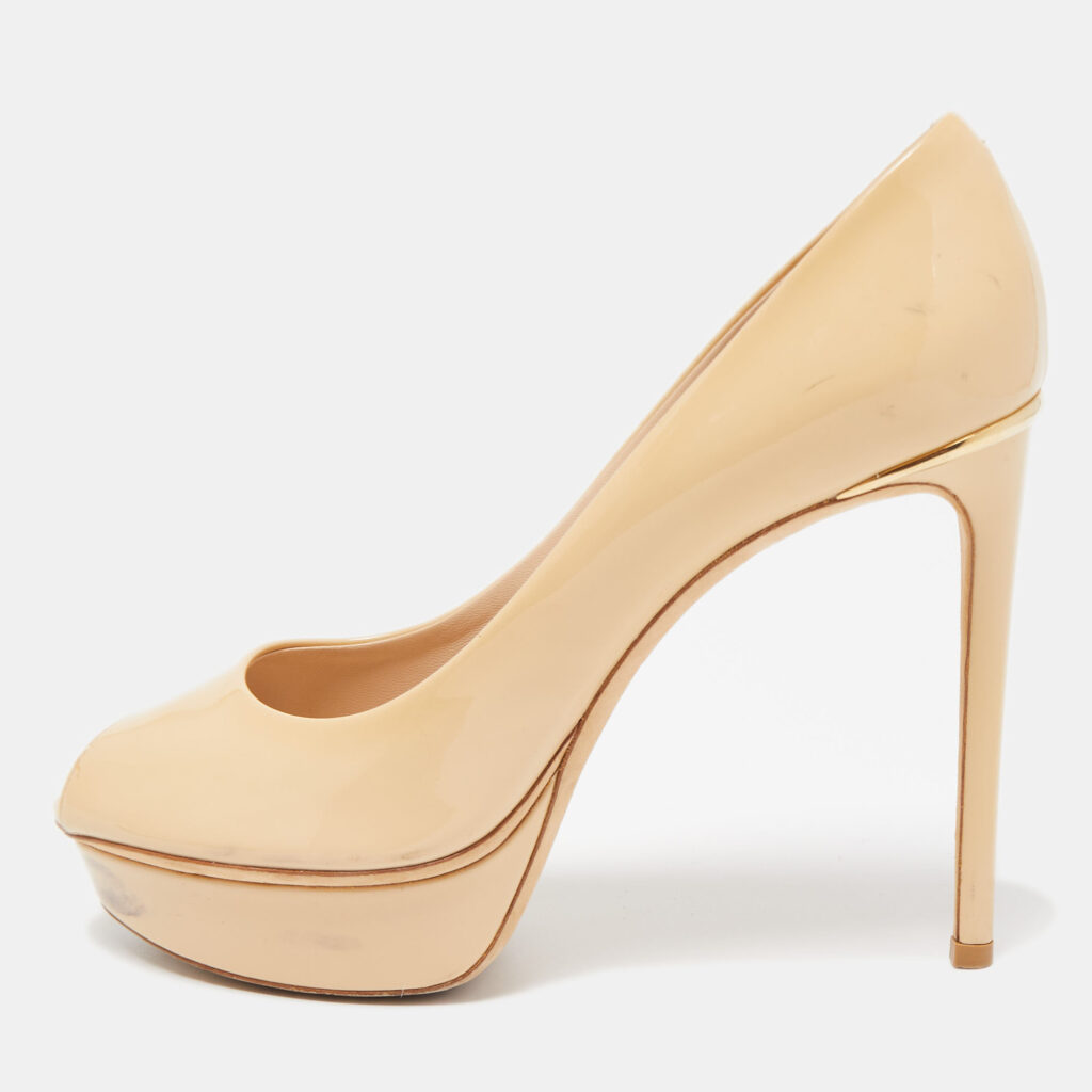 Louis Vuitton Beige Patent Leather Eyeline Peep Toe Pumps Size 38