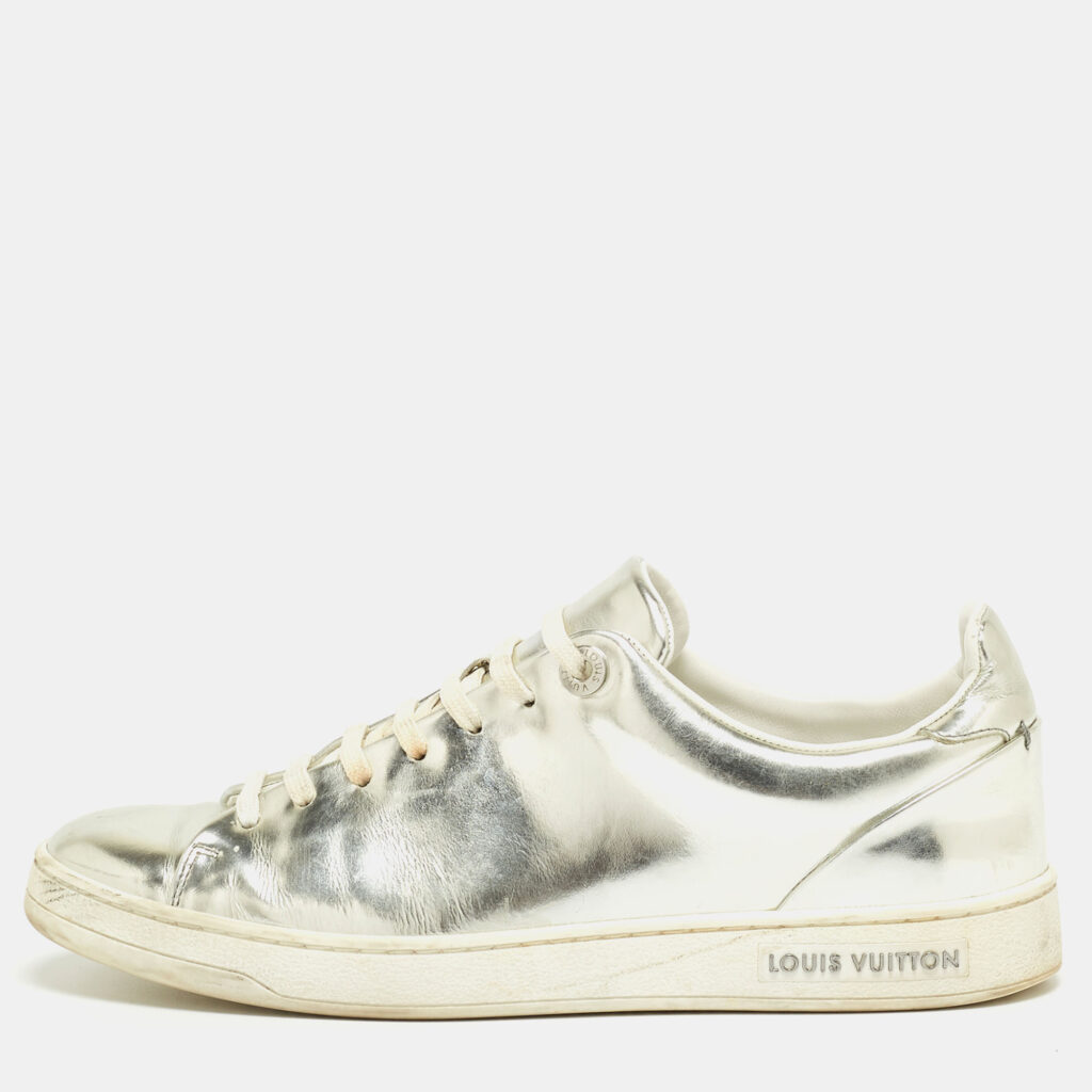luxury-women-louis-vuitton-used-shoes-p863676-012 Louis Vuitton Silver Foil Leather Frontrow Low Top Sneakers Size 38