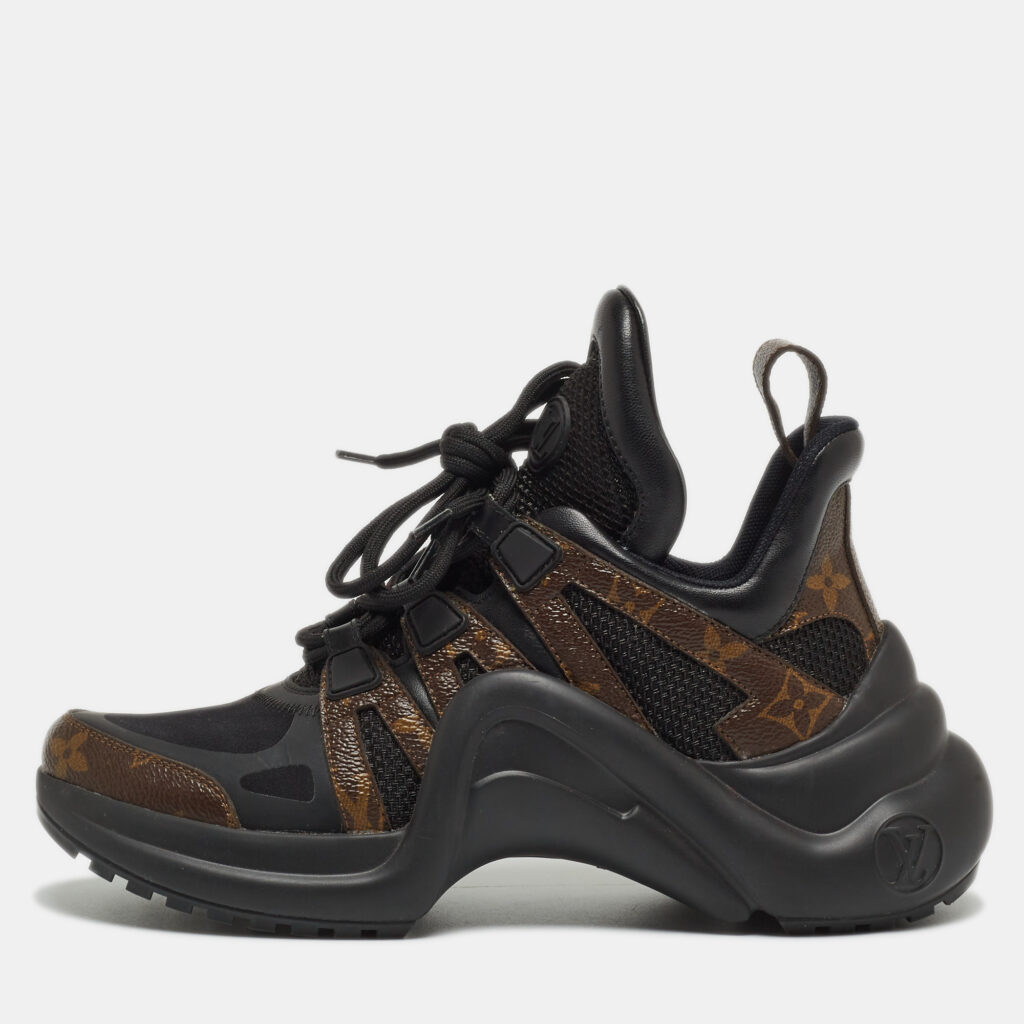 luxury-women-louis-vuitton-used-shoes-p885557-001 Louis Vuitton Black Leather and Monogram Canvas Archlight Sneakers Size 36