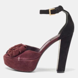 Louis Vuitton Burgundy/Black Suede Flower Peep Toe Platform Ankle Strap Sandals Size 37.5