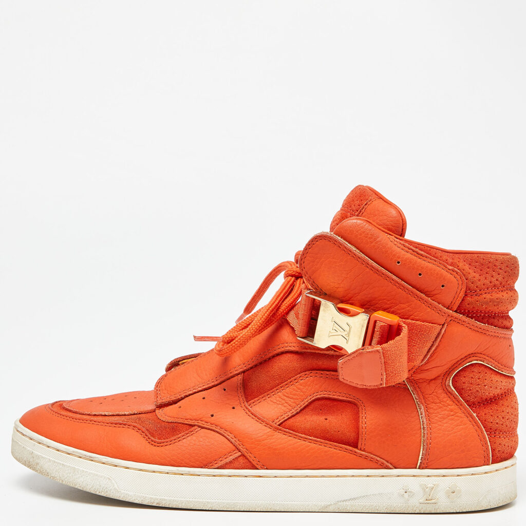luxury-women-louis-vuitton-used-shoes-p904131-009 Louis Vuitton Orange Leather and Suede Slipstream High Top Sneakers Size 36