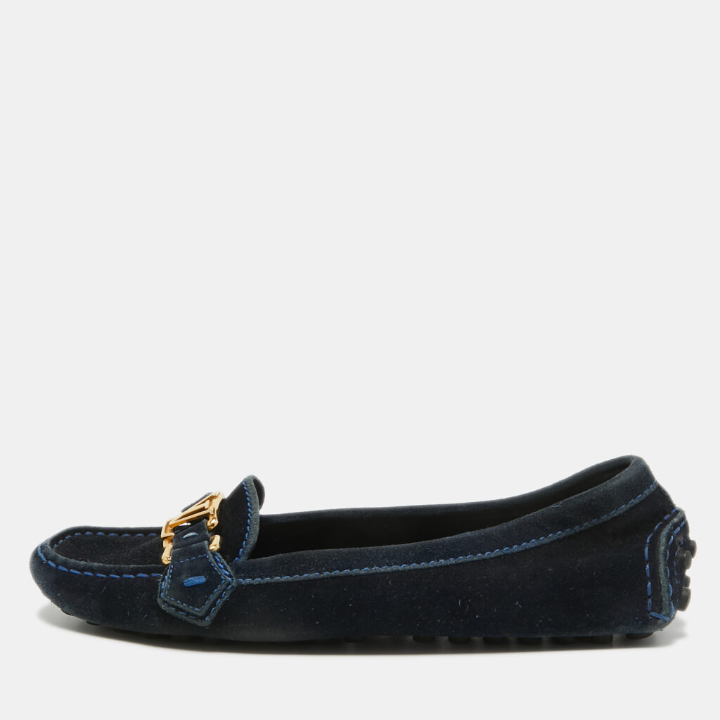 luxury-women-louis-vuitton-used-shoes-p915275-001 Louis Vuitton Navy Blue Suede Oxford Loafers Size 35.5