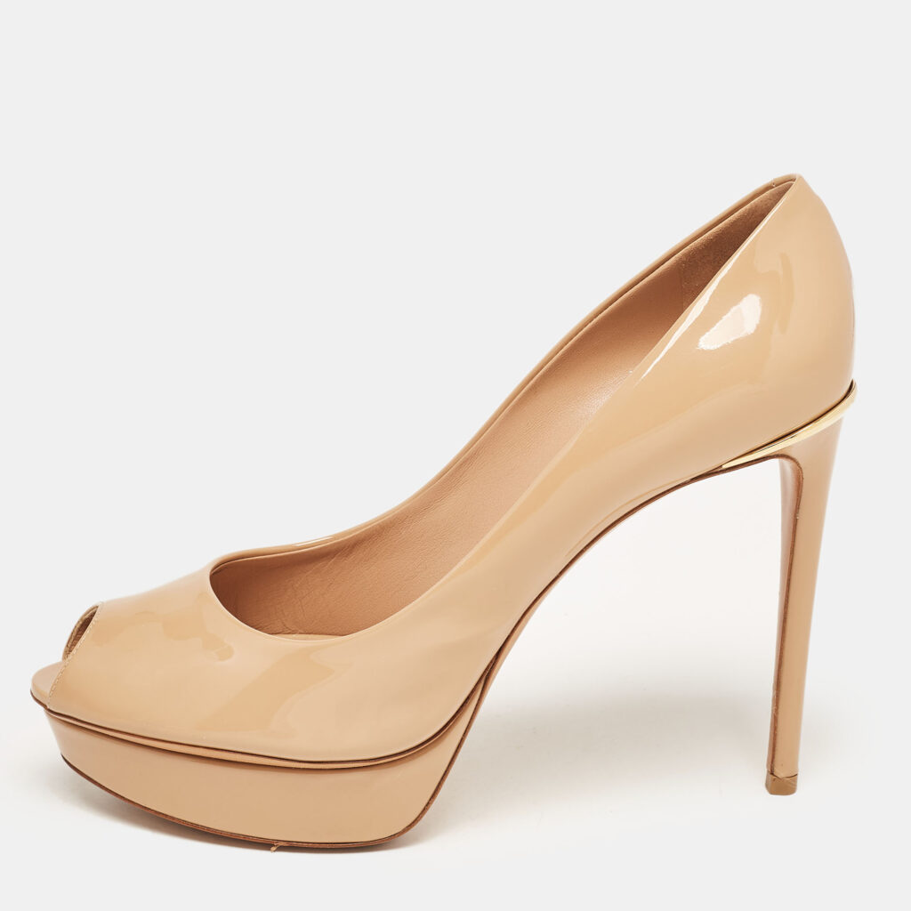 luxury-women-louis-vuitton-used-shoes-p917729-003 Louis Vuitton Beige Patent Leather Eyeline Peep Toe Pumps Size 40