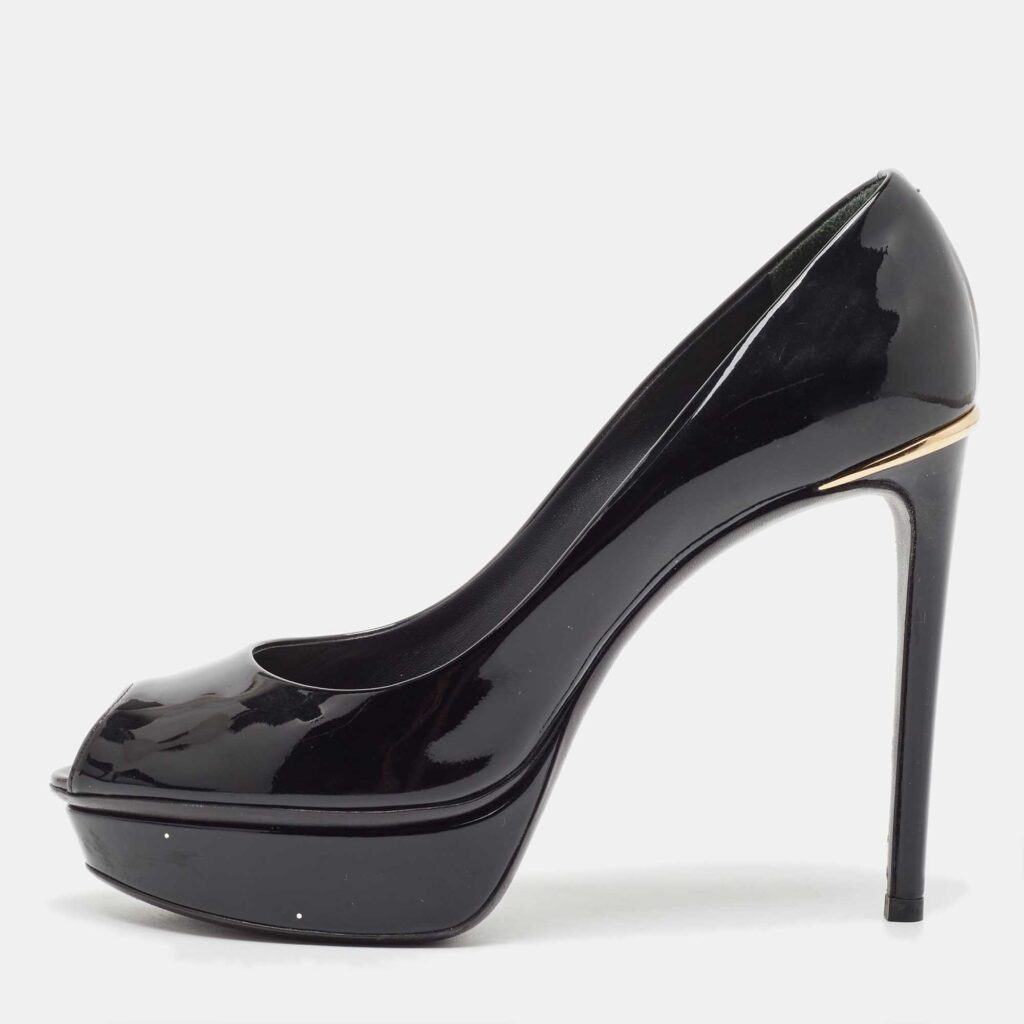 luxury-women-louis-vuitton-used-shoes-p920262-003 Louis Vuitton Black Patent Leather Peep Toe Platform Pumps Size 36.5