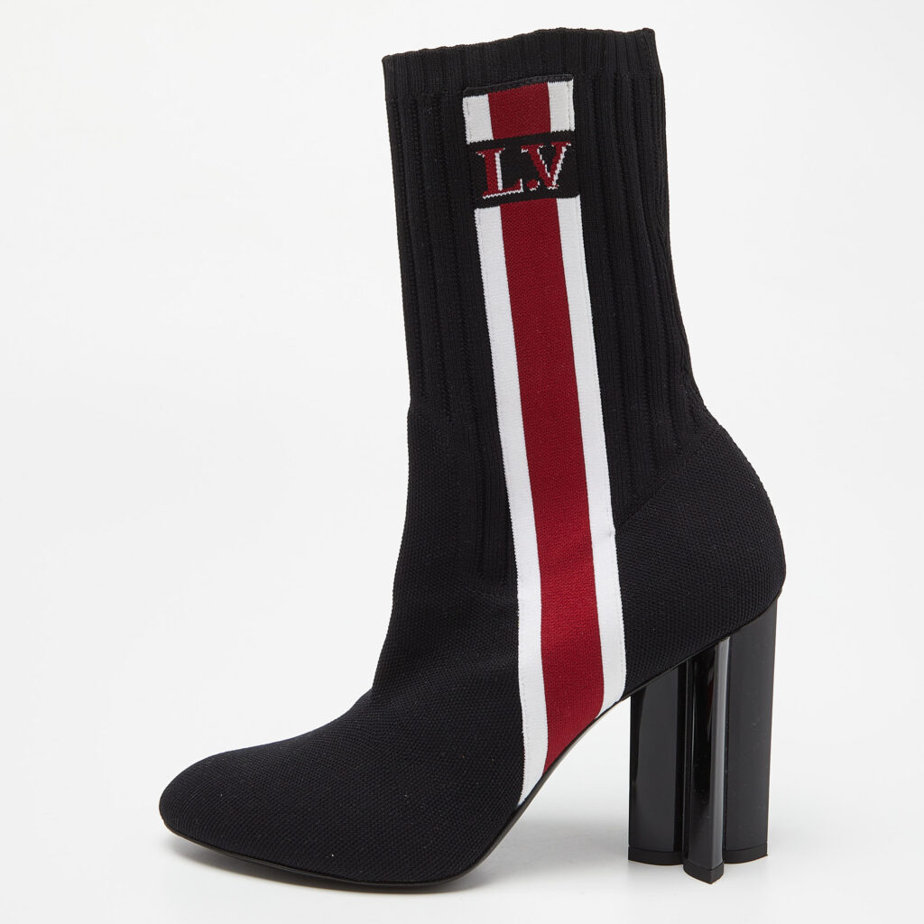 luxury-women-louis-vuitton-used-shoes-p920354-009 Louis Vuitton Black Knit Fabric LV Sock Ankle Boots Size 39