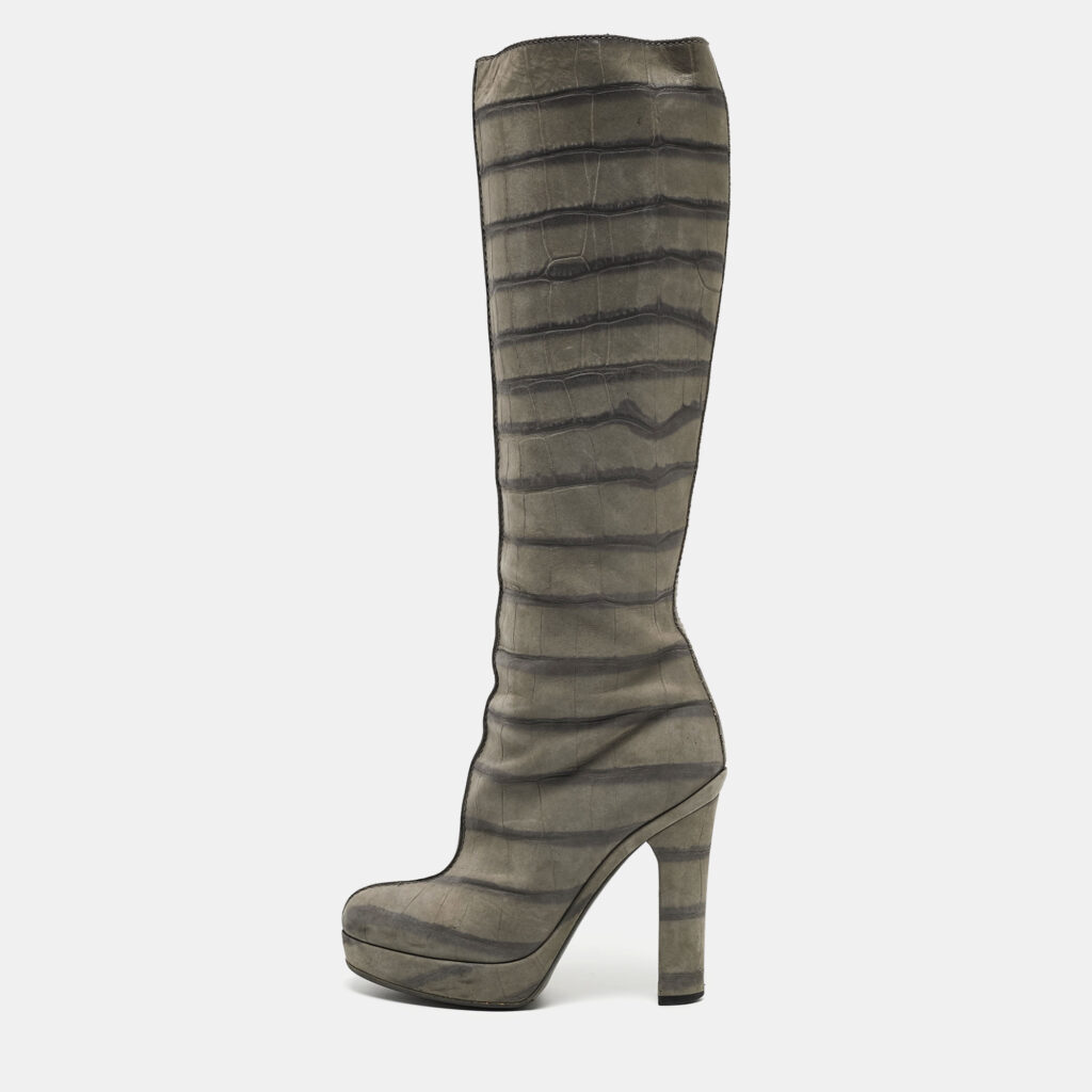 luxury-women-louis-vuitton-used-shoes-p928005-010 Louis Vuitton Grey Croc Embossed Leather Platform Knee Length Boots Size 36.5