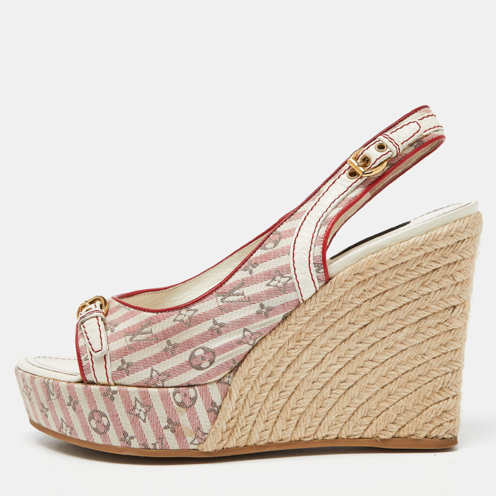 luxury-women-louis-vuitton-used-shoes-p934915-010 Louis Vuitton White/Red Canvas Wedge Sandals Size 40