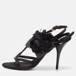 Louis Vuitton Black Satin and Patent Leather Flower Embellished Ankle Strap Sandals Size 38.5