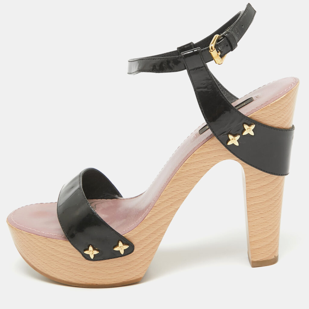 luxury-women-louis-vuitton-used-shoes-p968896-001 Louis Vuitton Black Patent Leather Ankle Strap Sandals Size 38