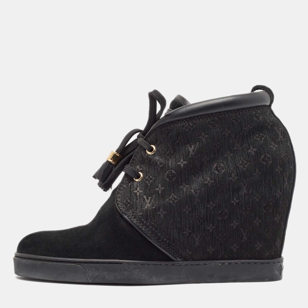 luxury-women-louis-vuitton-used-shoes-p971645-003 Louis Vuitton Black Monogram Suede and Leather Wedge Sneakers Size 39.5