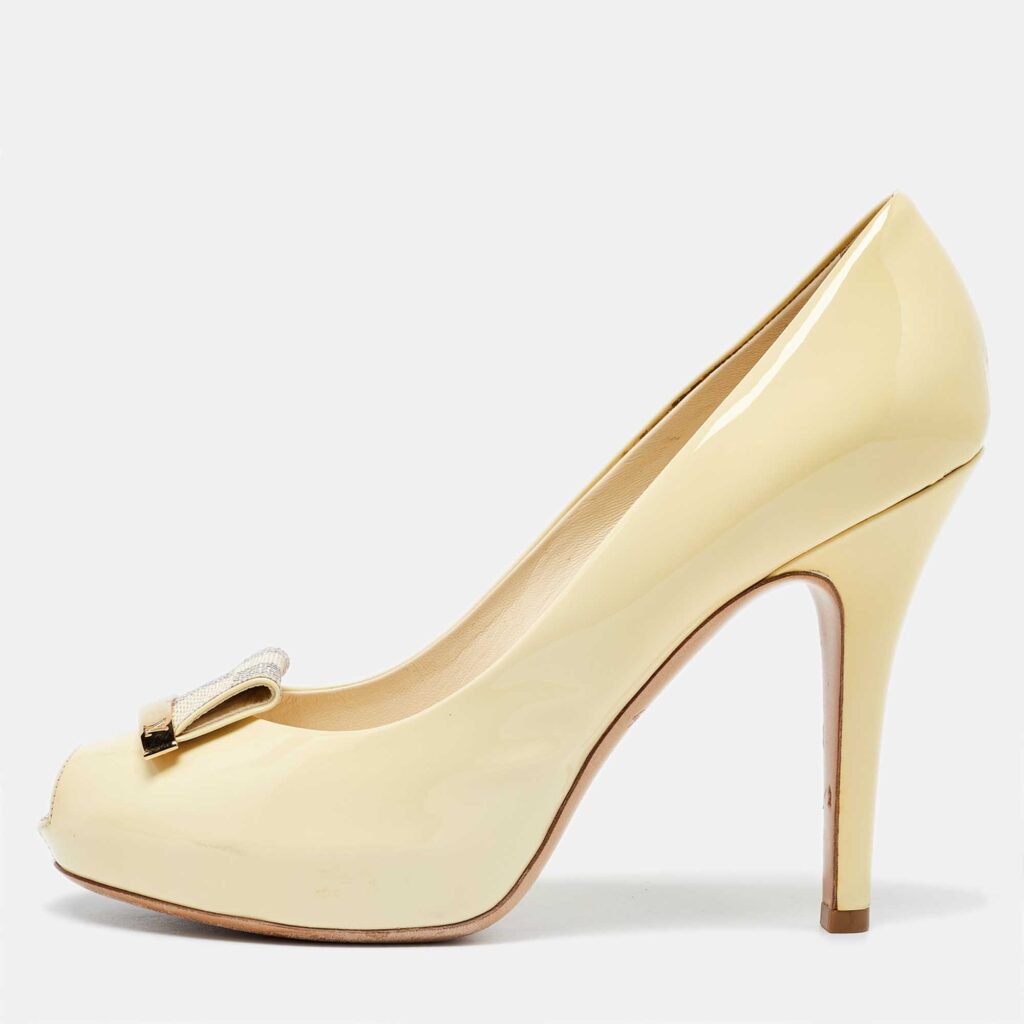 luxury-women-louis-vuitton-used-shoes-p981792-003 Louis Vuitton Light Yellow Patent Leather Platform Peep Toe Pumps Size 37