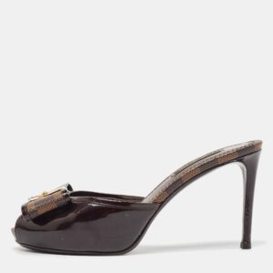 Louis Vuitton Brown Patent Leather and Damier Ebene Bow Slide Sandals Size 36