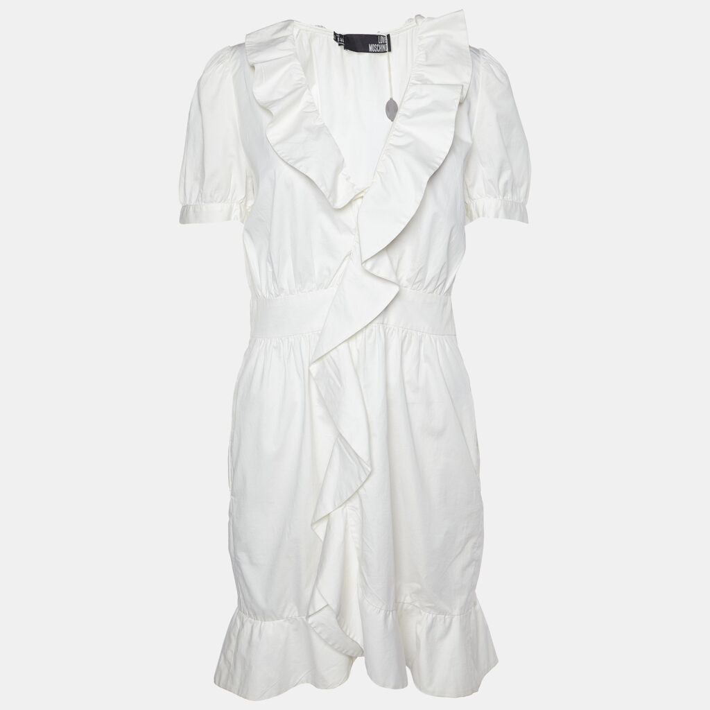 luxury-women-love-moschino-new-clothes-p974346-001 Love Moschino White Cotton Ruffle Detail Knee Length Dress M