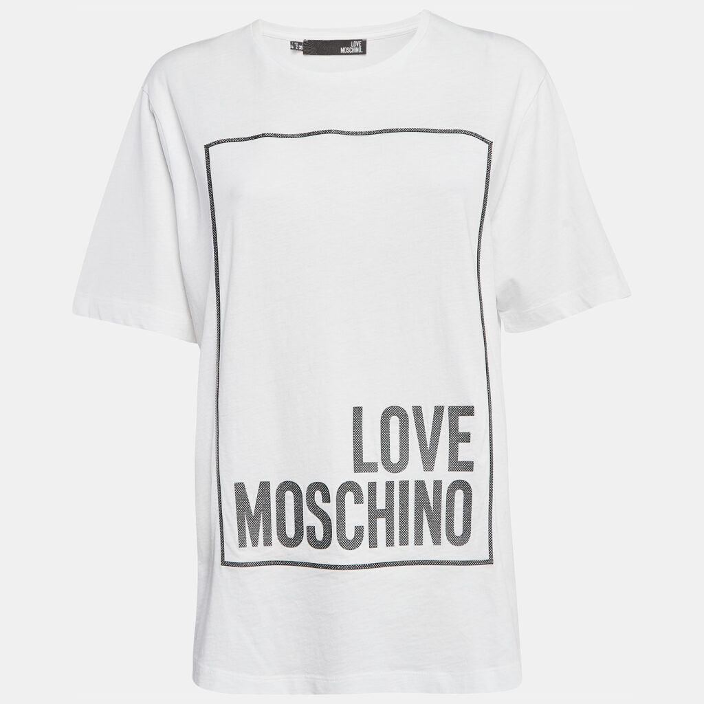 Love Moschino White Metallic Print Jersey T-Shirt S