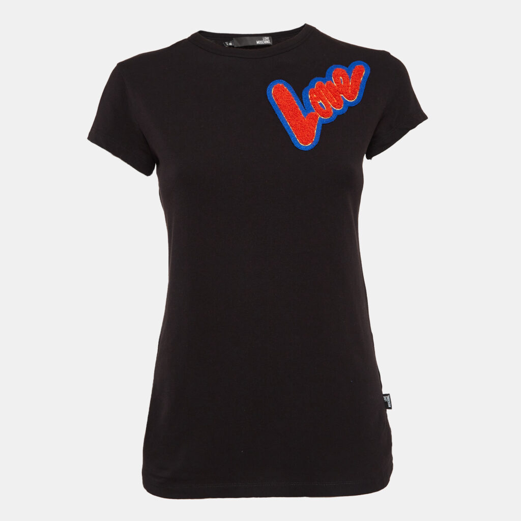Love Moschino Black Cotton Knit Love Patch Detail T-Shirt S
