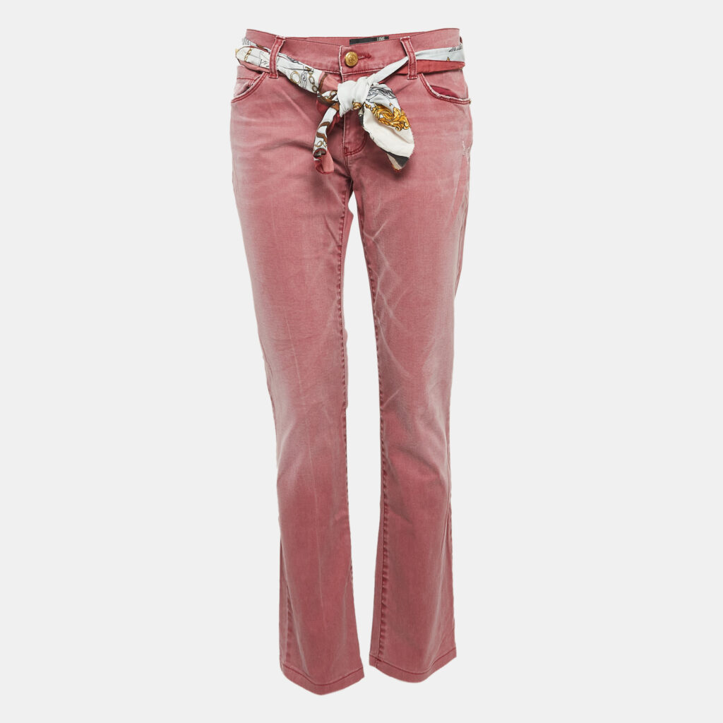 Love Moschino Burgundy Washed Denim Belted Jeans M Waist 34"