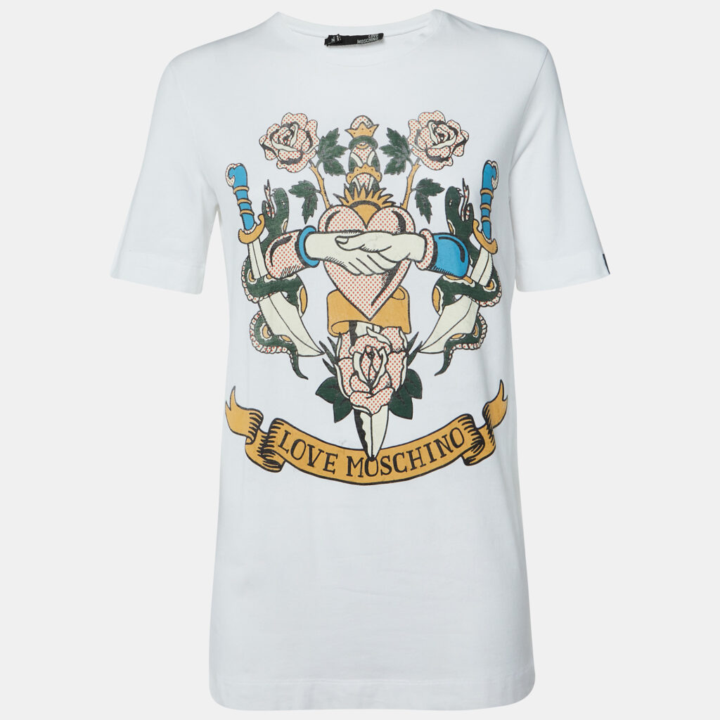Love Moschino White Printed Cotton Crew Neck T-Shirt S