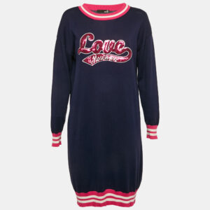Love Moschino Navy Blue Sequin Embroidery Cotton Sweater Dress S