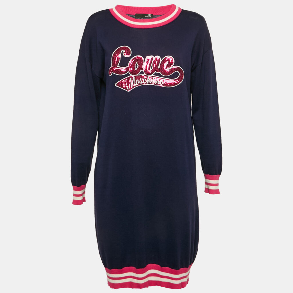 Love Moschino Navy Blue Sequin Embroidery Cotton Sweater Dress S