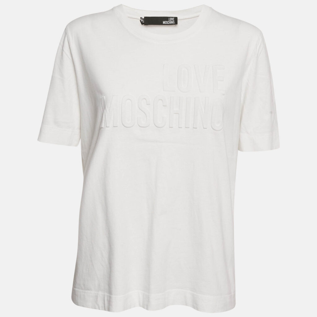 luxury-women-love-moschino-used-clothes-p1157576-001 Love Moschino White Logo Embossed Cotton Crew Neck T-Shirt M