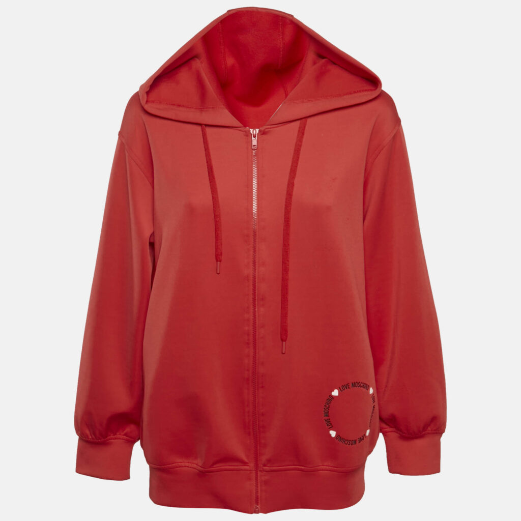 Love Moschino Red Logo Print Jersey Zip-Up Hoodie S