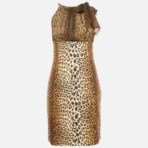 Love Moschino Brown Leopard Printed Cotton & Silk Halterneck Dress M