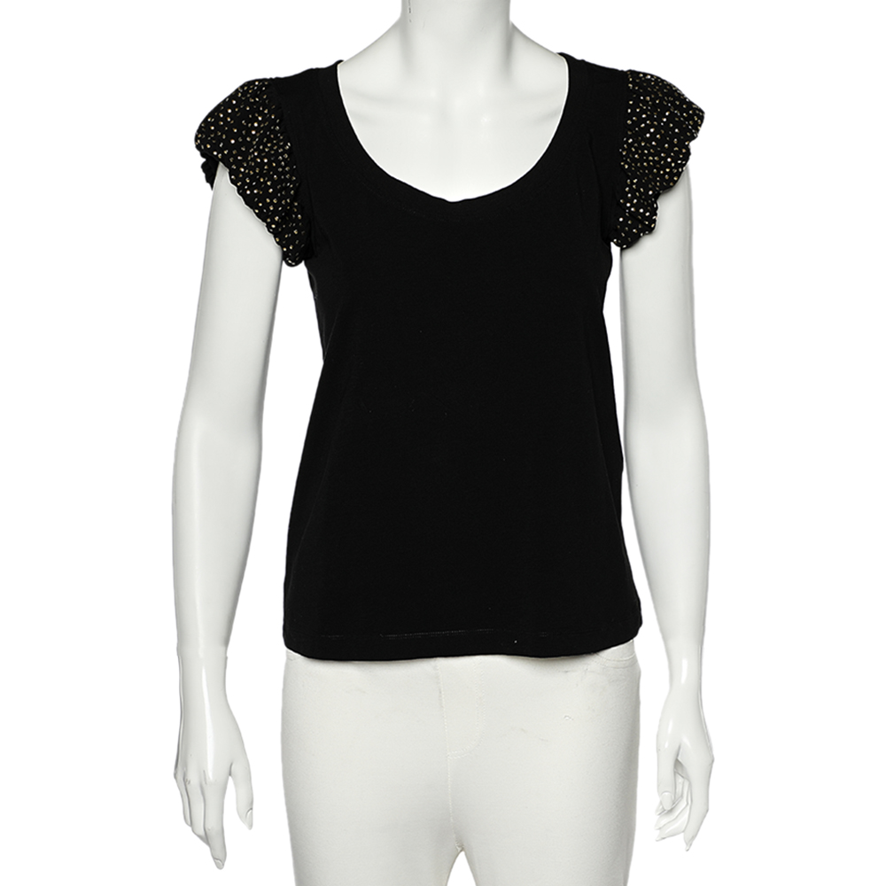 luxury-women-love-moschino-used-clothes-p541538-005-2 Love Moschino Black Cotton Knit Embellished Puff Sleeve T-Shirt M