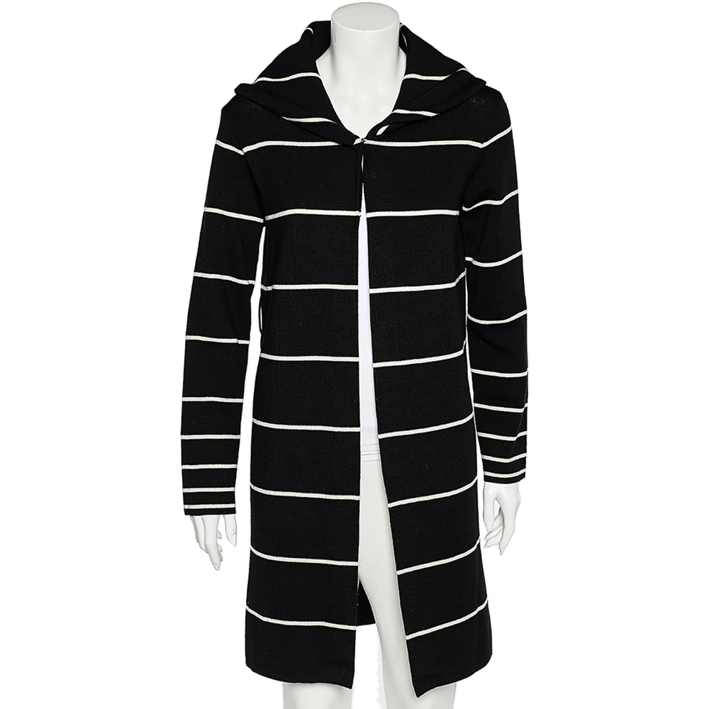 luxury-women-love-moschino-used-clothes-p542718-001-2 Love Moschino Black Striped Wool Hooded Mid Length Overcoat M