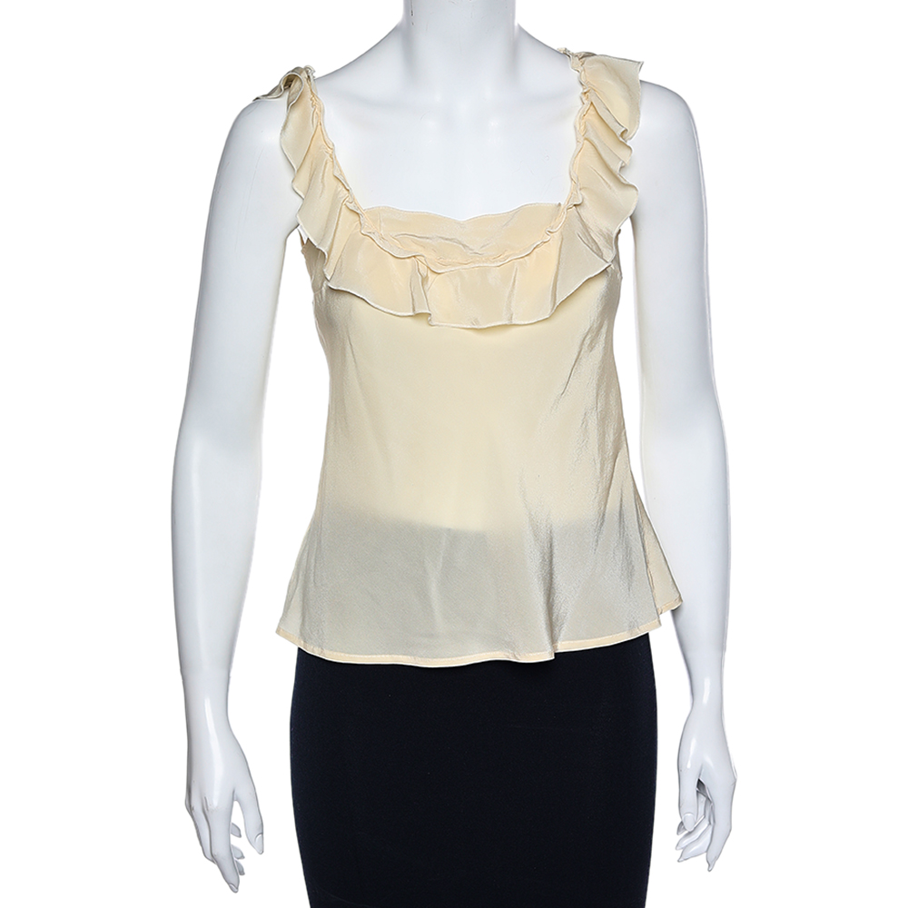luxury-women-love-moschino-used-clothes-p564343-001-2 Love Moschino Cream Silk Ruffled Neck Sleeveless Top S