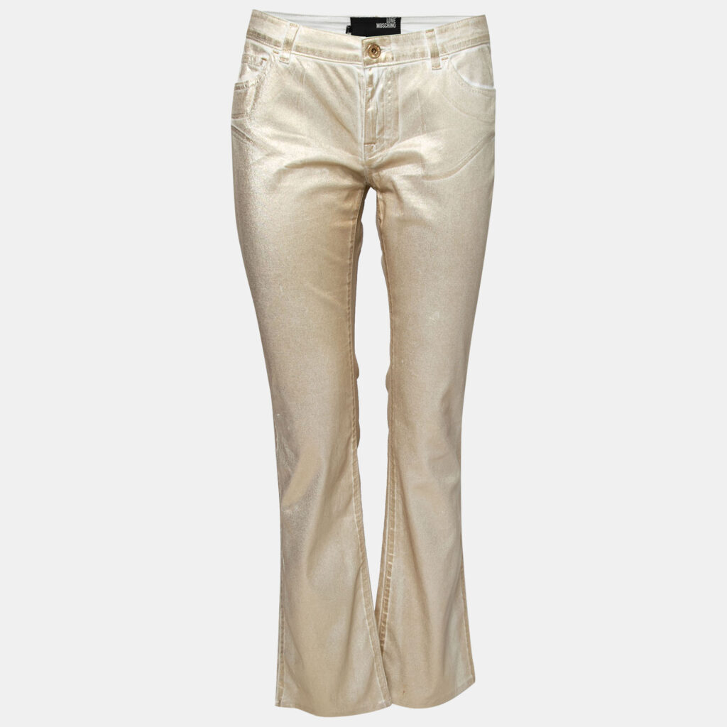 luxury-women-love-moschino-used-clothes-p682557-002-1 Love Moschino Gold Foil Print Denim Straight Fit Jeans M/Waist: 30.5"