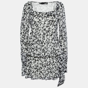 Love Moschino Monochrome heart Printed Chiffon Tie Detail Mini Dress M