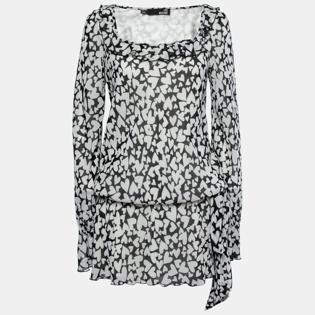 luxury-women-love-moschino-used-clothes-p723844-001 Love Moschino Monochrome heart Printed Chiffon Tie Detail Mini Dress M