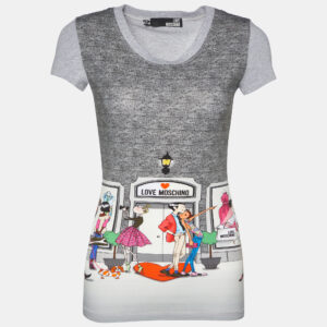 Love Moschino Grey Printed Cotton Knit Round Neck T-Shirt S