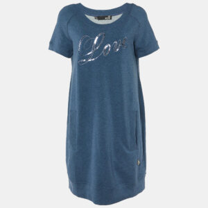 Love Moschino Blue Cotton Knit Sequin logo Embroidered Sweater Mini Dress M