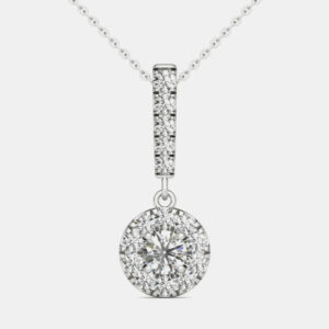 14K White Gold Natural Diamond Halo Stick Pendant Necklace (0.50 Ctw)
