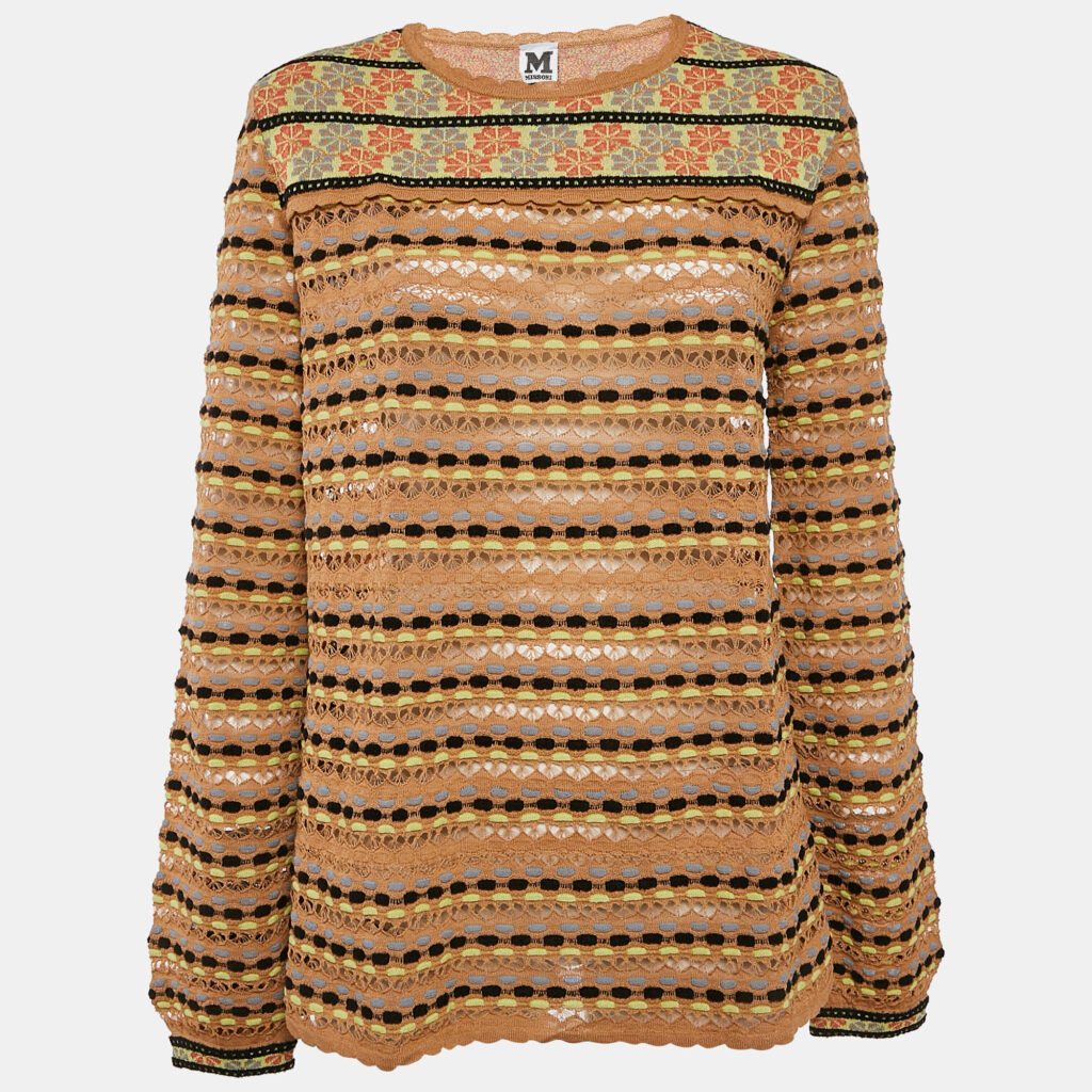 luxury-women-m-missoni-new-clothes-p1109299-006 M Missoni Beige/Multicolor Patterned Knit Long Sleeve Top L
