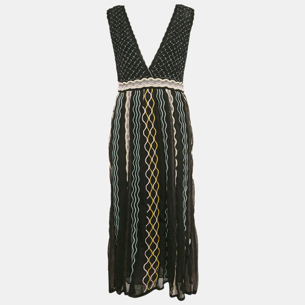luxury-women-m-missoni-new-clothes-p1134150-001 M Missoni Black/Blue Patterned Knit Plunge Neck Midi Dress L
