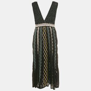 M Missoni Black/Blue Patterned Knit Plunge Neck Midi Dress L