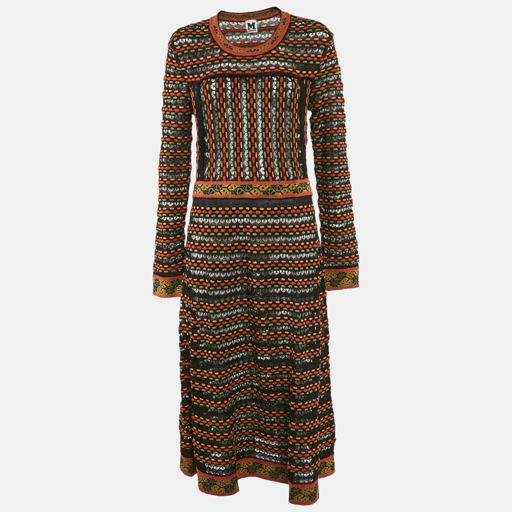 luxury-women-m-missoni-new-clothes-p1134330-005 M Missoni Black/Orange Patterned Knit Long Sleeve Midi Dress L