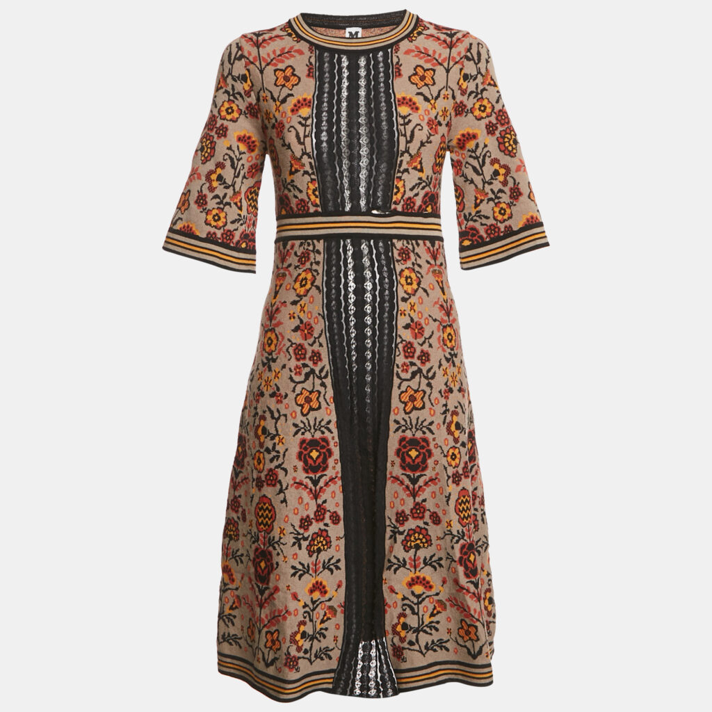 M Missoni Brown Floral Pattern Knit Lace Trim Midi Dress S