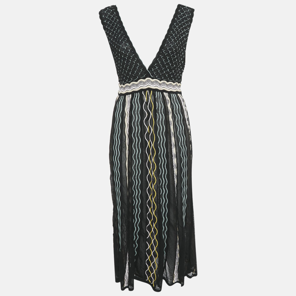 M Missoni Black/Blue Patterned Knit Plunge Neck Midi Dress M
