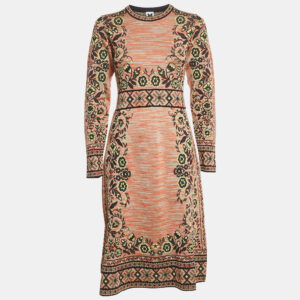 m missoni beige/green floral pattern knit long sleeve midi dress l